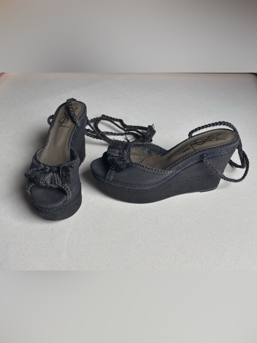 Yves Saint Laurent Black Braided Platform Wedge Sandals